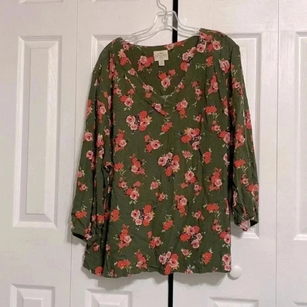 St. John's Bay Olive Green Floral Blouse with Pink Flowers